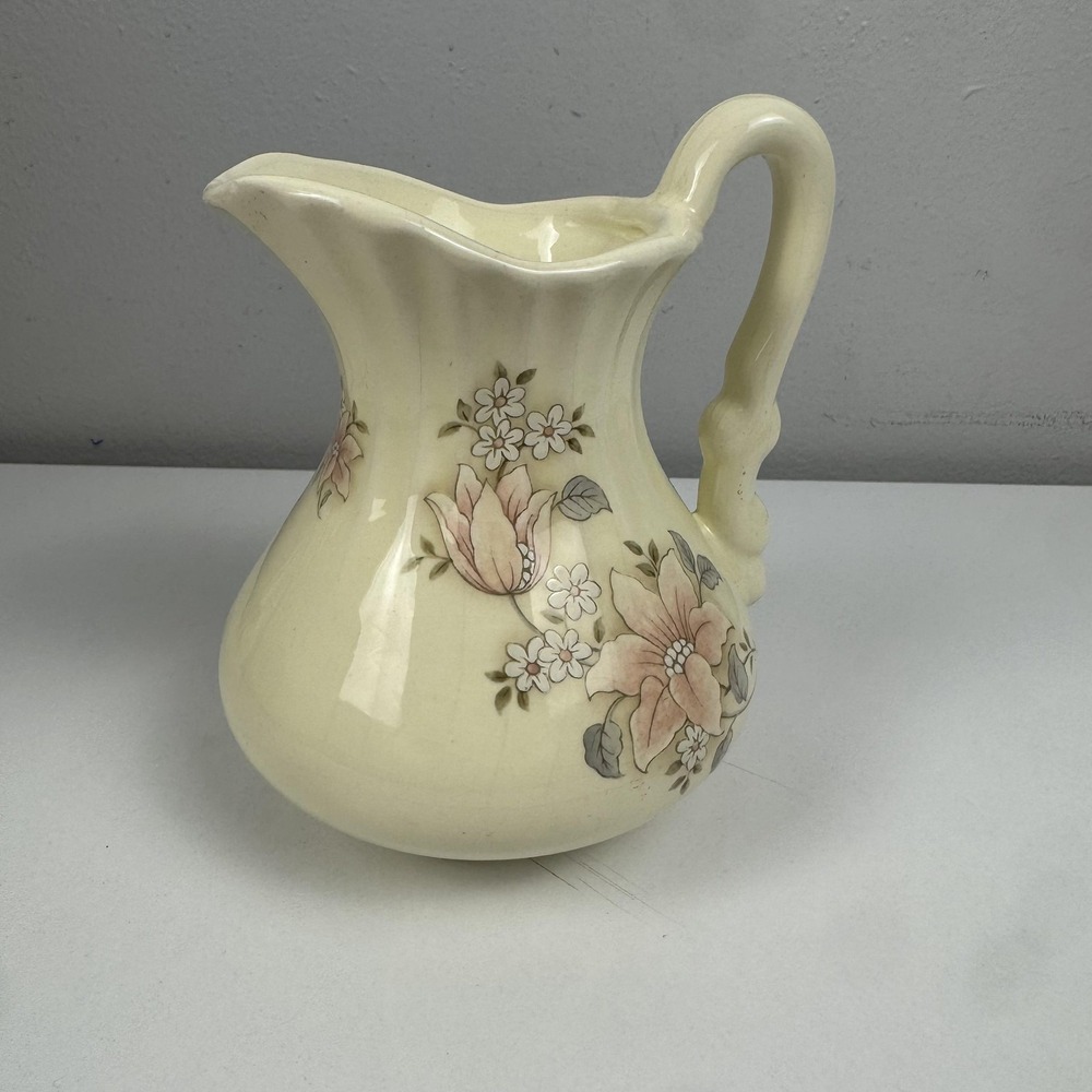 Vintage Athena California Beige Floral Ceramic Pottery Pitcher Jug Mid Century